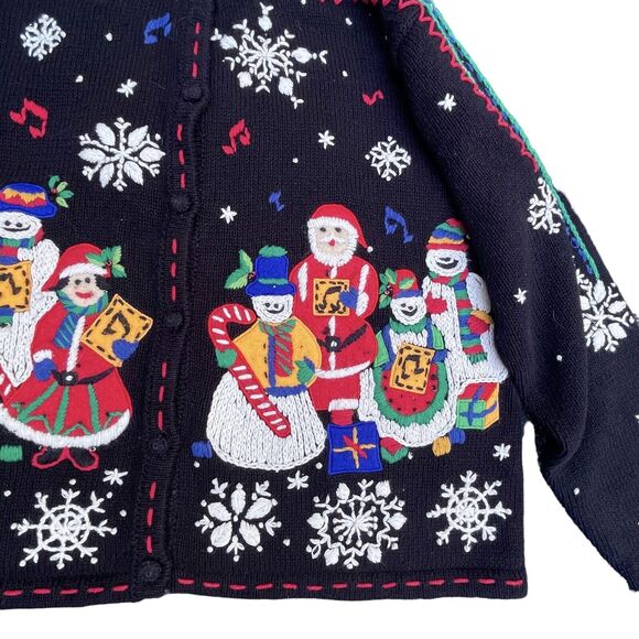 Studio Works Vtg Ugly Christmas Cardigan Sweater M Black Embroidery Front Back - Picture 5 of 11